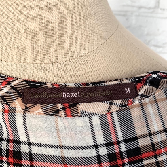 Hazel plaid blouse with lace back brown red check sheer long sleeve - Picture 8 of 9